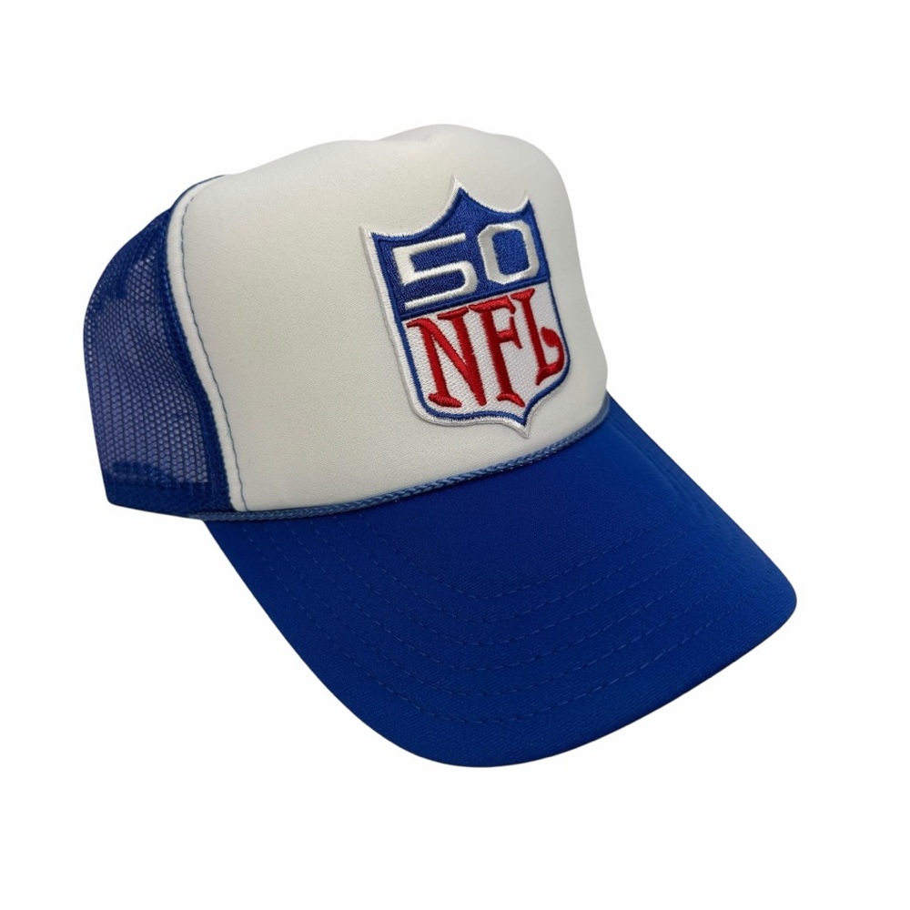 NEW VINTAGE STYLE NFL SHIELD LOGO BLUE WHITE TRUCKER HAT CAP ADU…